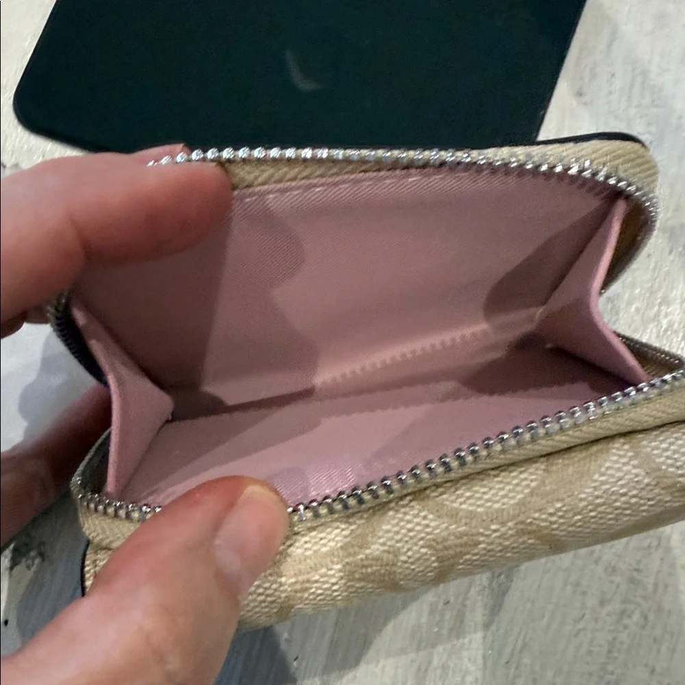 Coach Beige Signature Trifold Wallet- Pink Leather Interior